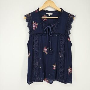 Pale Sky Blouse Women XL Navy Blue Floral Embroidered Lace Trim Boho Tassel Tank